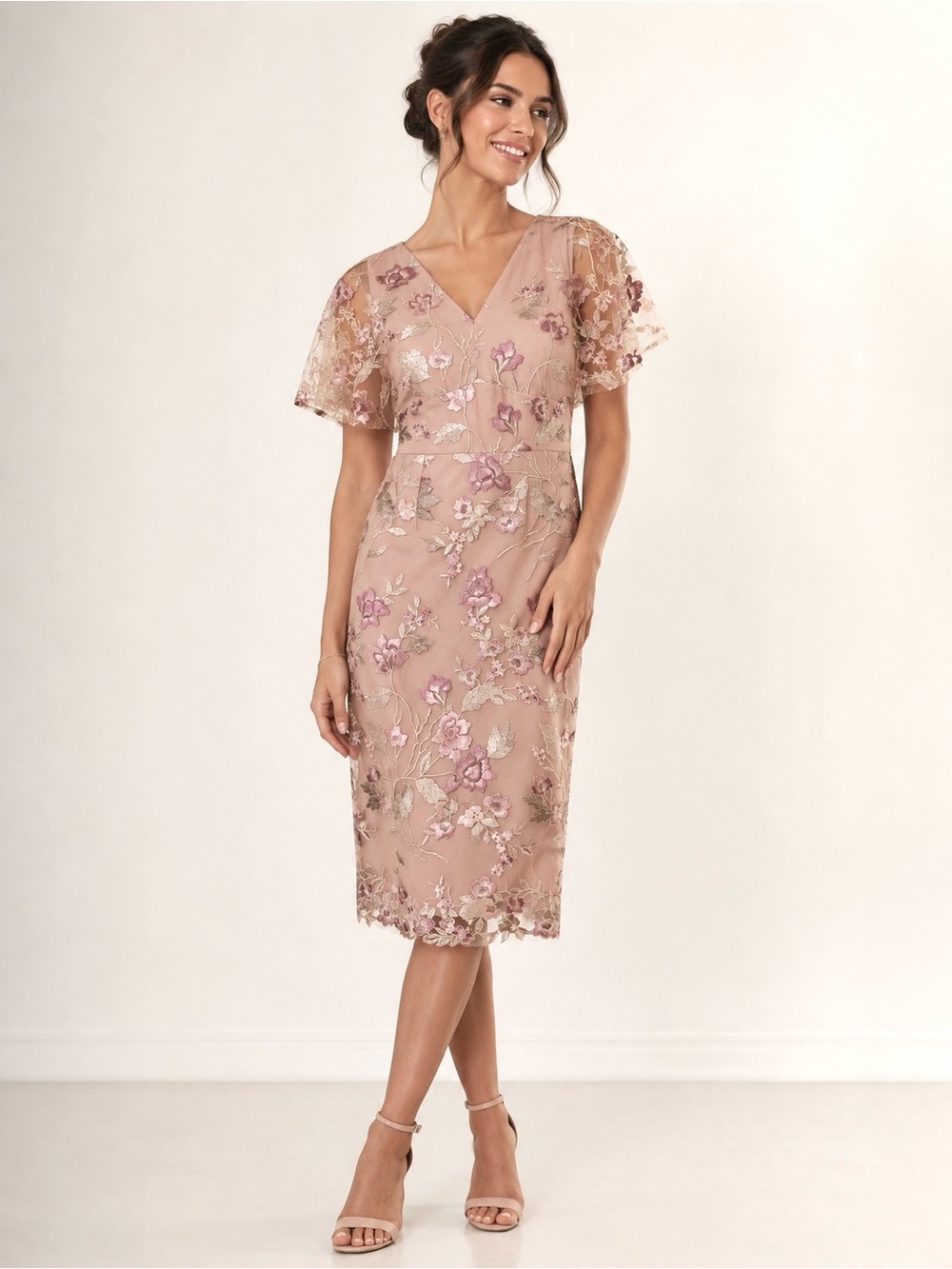 JS Collections Blake Floral Embroidered Mesh Overlay Dress NWT Size 2 Nude Mauve